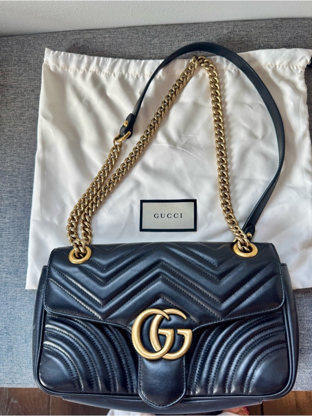 Gucci Marmont Matelassé Black Leather Shoulder Bag, Antique Gold Chain